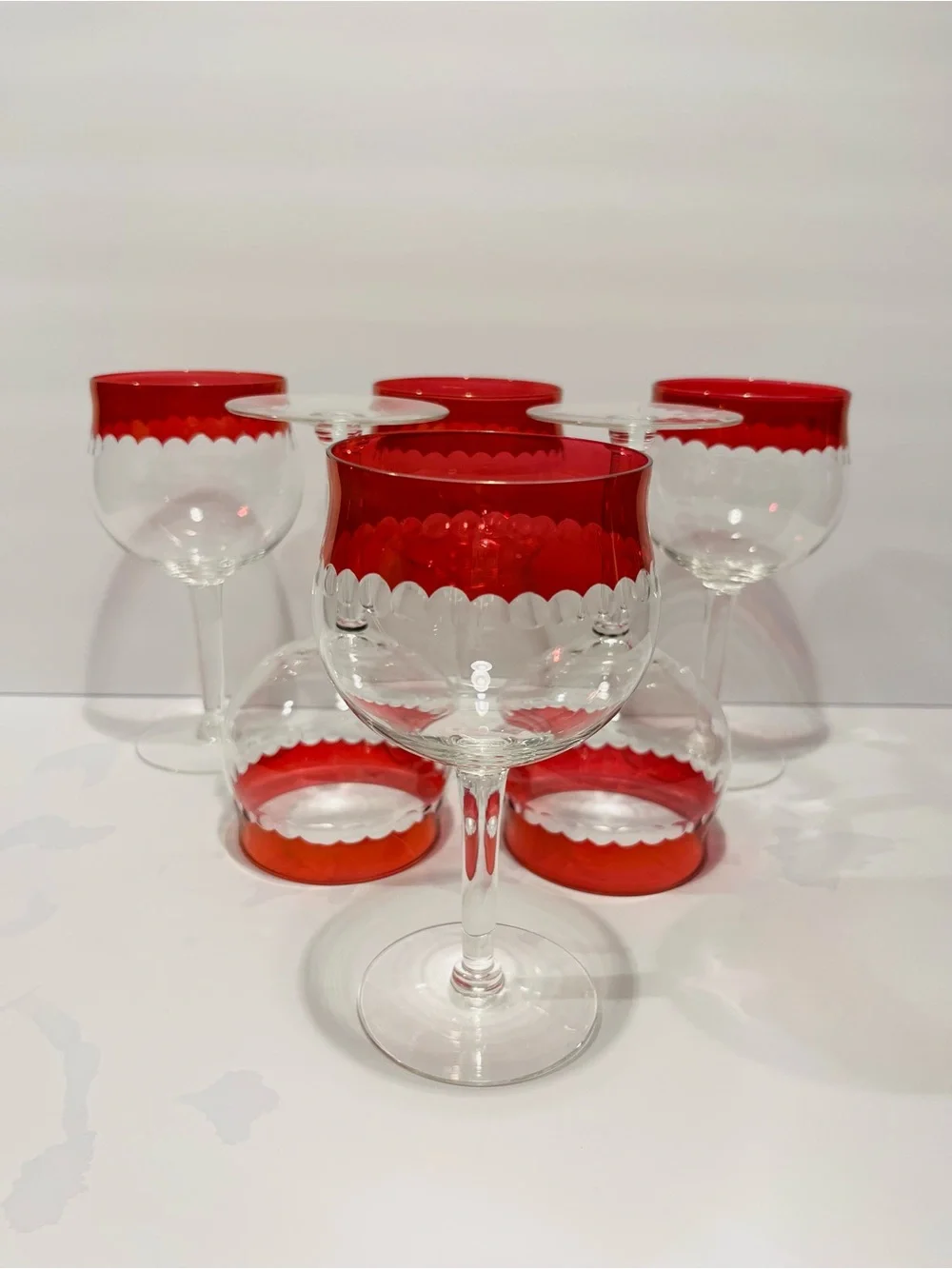 Vintage 1950’s Czech Crystal Cranberry Cut Dots Wine Glasses Set of 6